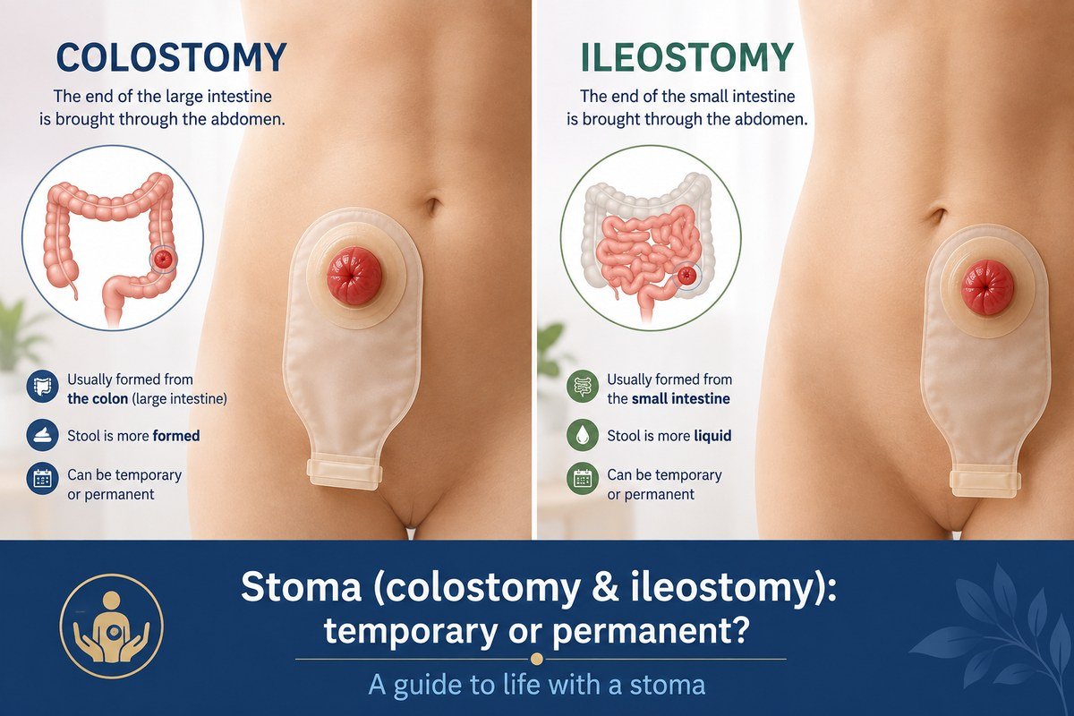 Stoma: colostomy and ileostomy, temporary or permanent